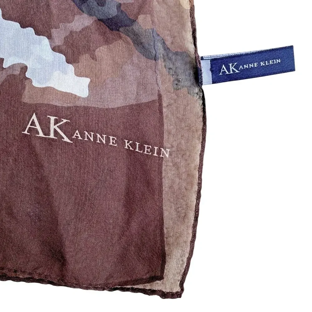 Vintage Anne Klein sheer silk scarf brown tan abstract print long rectangle chic